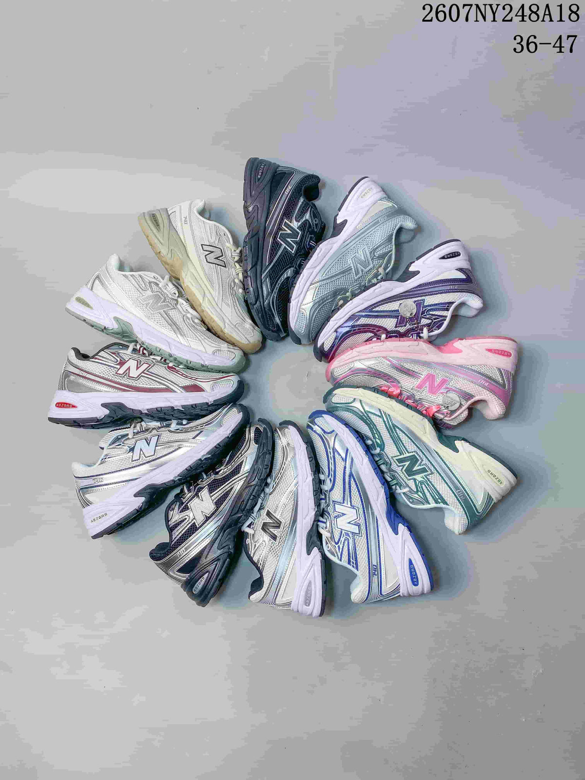 Group image showing New Balance 740 sneakers in multiple color variations arranged in a circle.