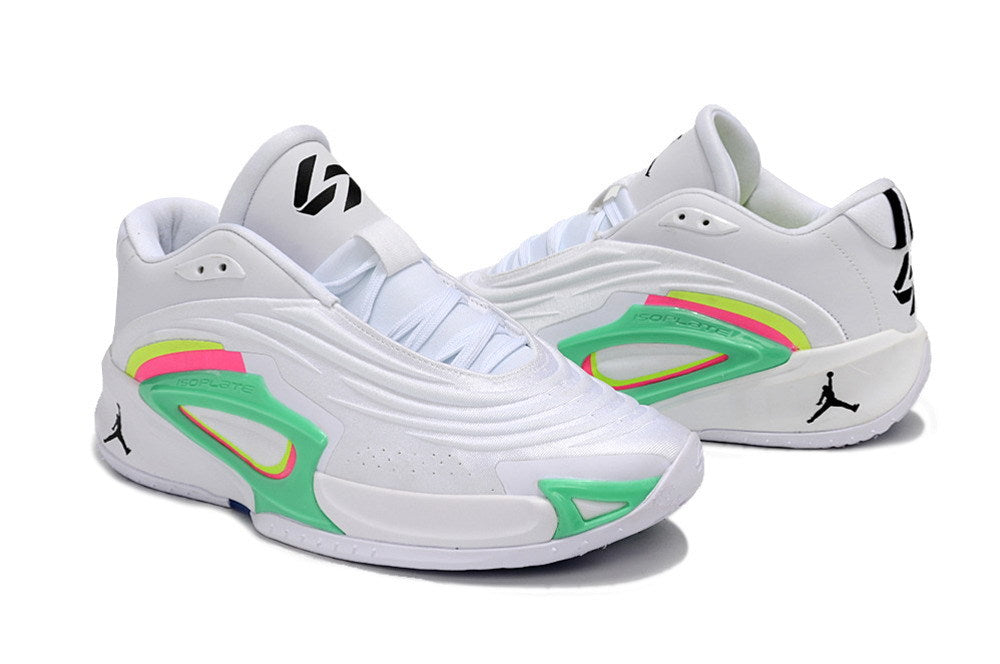 White Jordan Luka 3 shoes with green side panels and neon accents, shown from the side