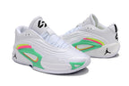 White Jordan Luka 3 shoes with green side panels and neon accents, shown from the side
