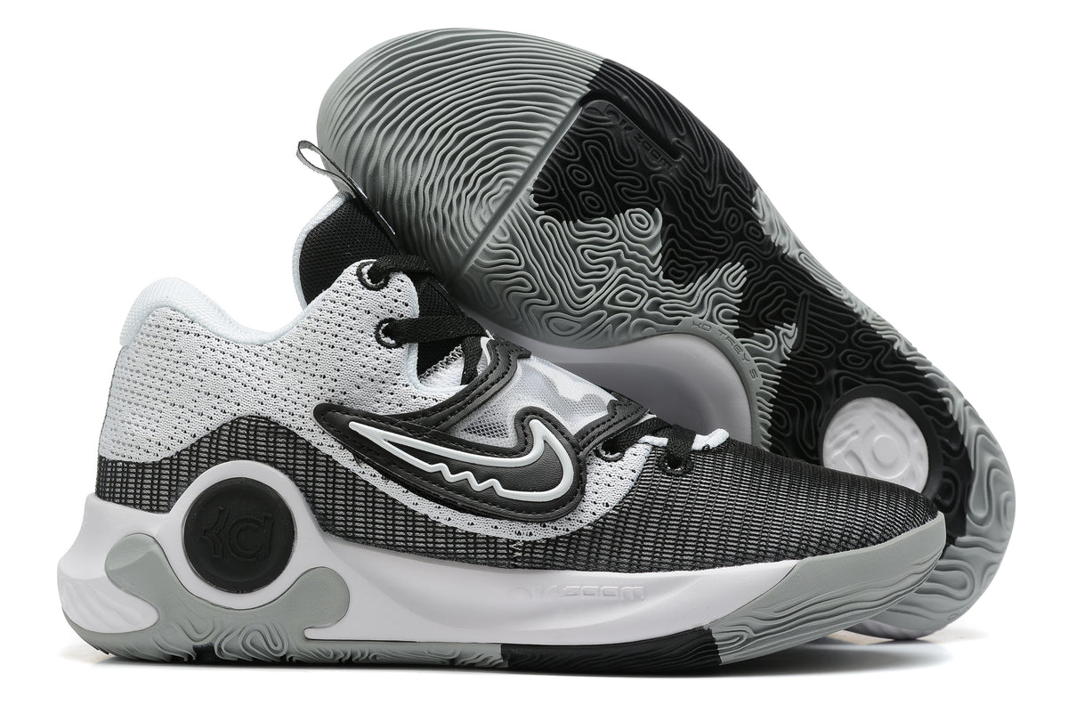 Gray, black, and white Nike KD basketball shoes with a patterned outsole.