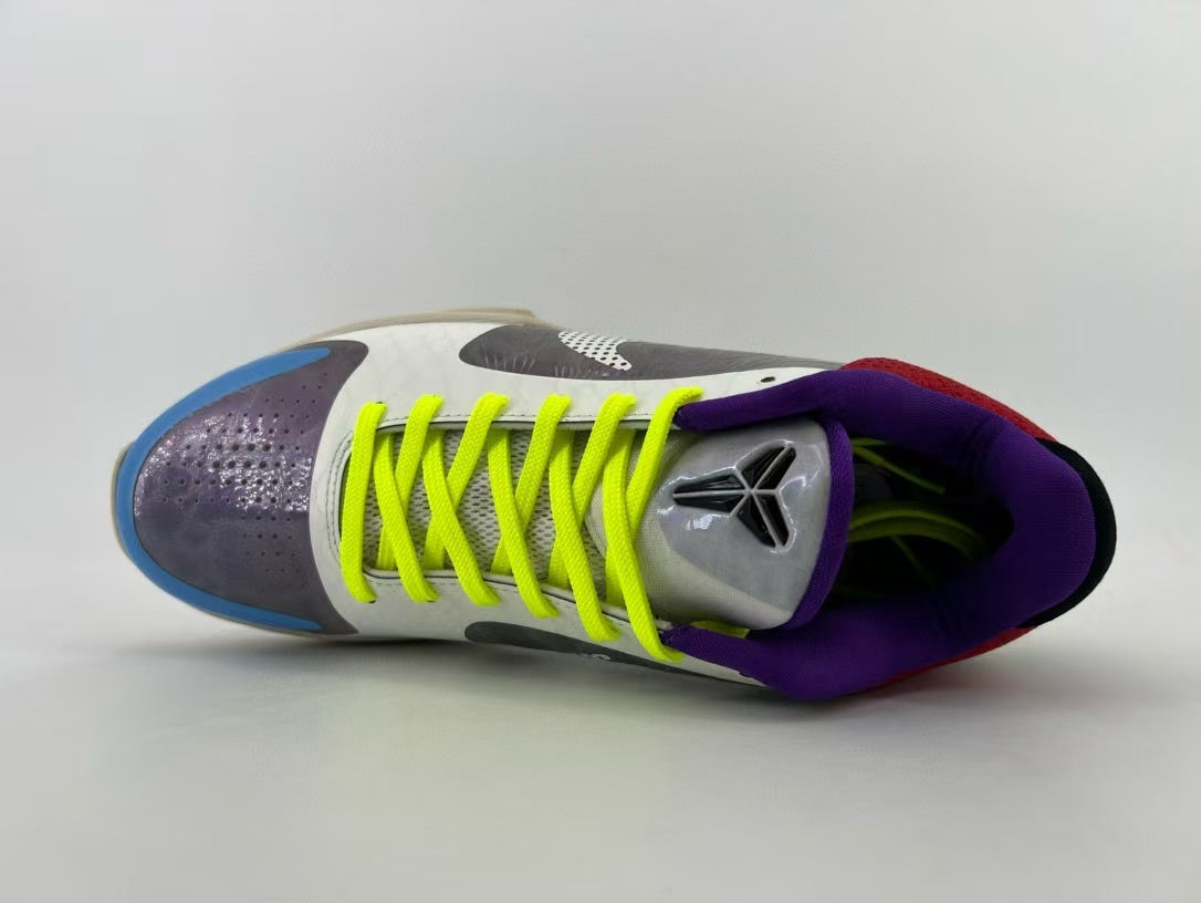 Top view of the shoe tongue, laces, and purple collar
