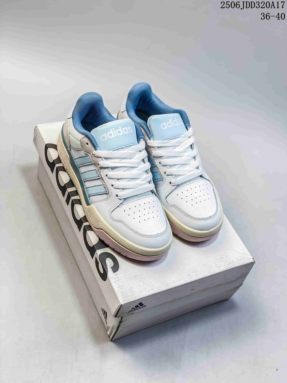 White and light blue adidas Entrap sneakers displayed on an adidas shoe box; image text shows style code 2506JDD320A17 and size range 36–40.