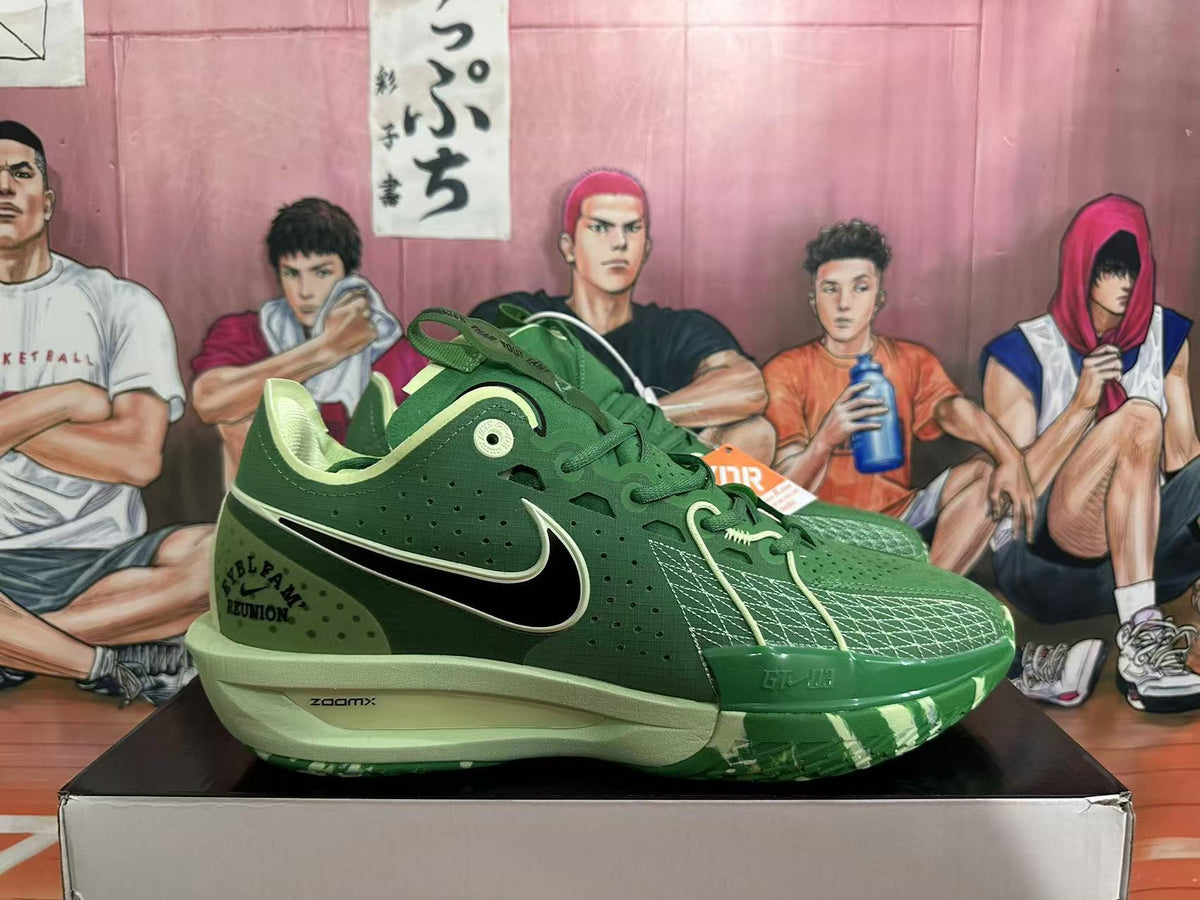 Side profile of a green Nike basketball shoe with black Swoosh and ZoomX midsole marking.