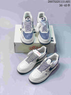 Two pictured sneaker designs: a white monogram-style pair and a white and gray-blue pair.