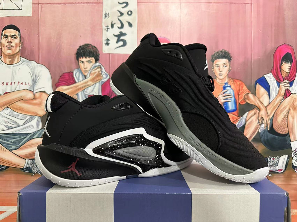 Angled view of black Jordan Luka basketball shoes highlighting the side panels and sole