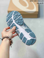 Close-up of the textured outsole on an ASICS Gel-Cumulus 16 sneaker, showing segmented tread blocks and a white midsole.