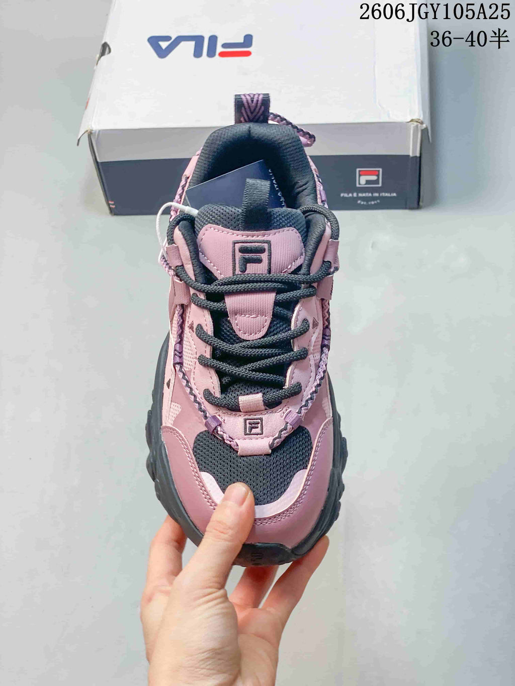 Top view of the FILA Fusion sneaker showing black laces and mesh panels.