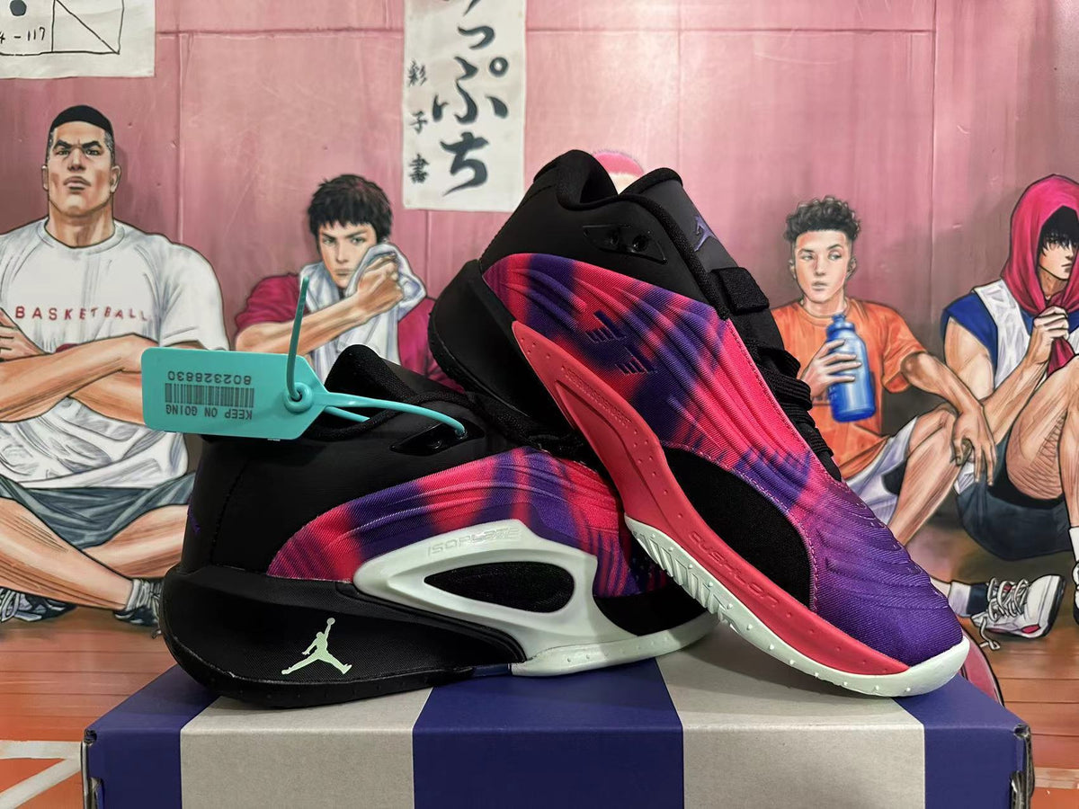 Jordan Tatum basketball shoes shown from the side and outsole, with purple, pink, black, and pale green details.