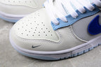 Close-up of the perforated white toe box, gray overlay, and light blue outsole edge.