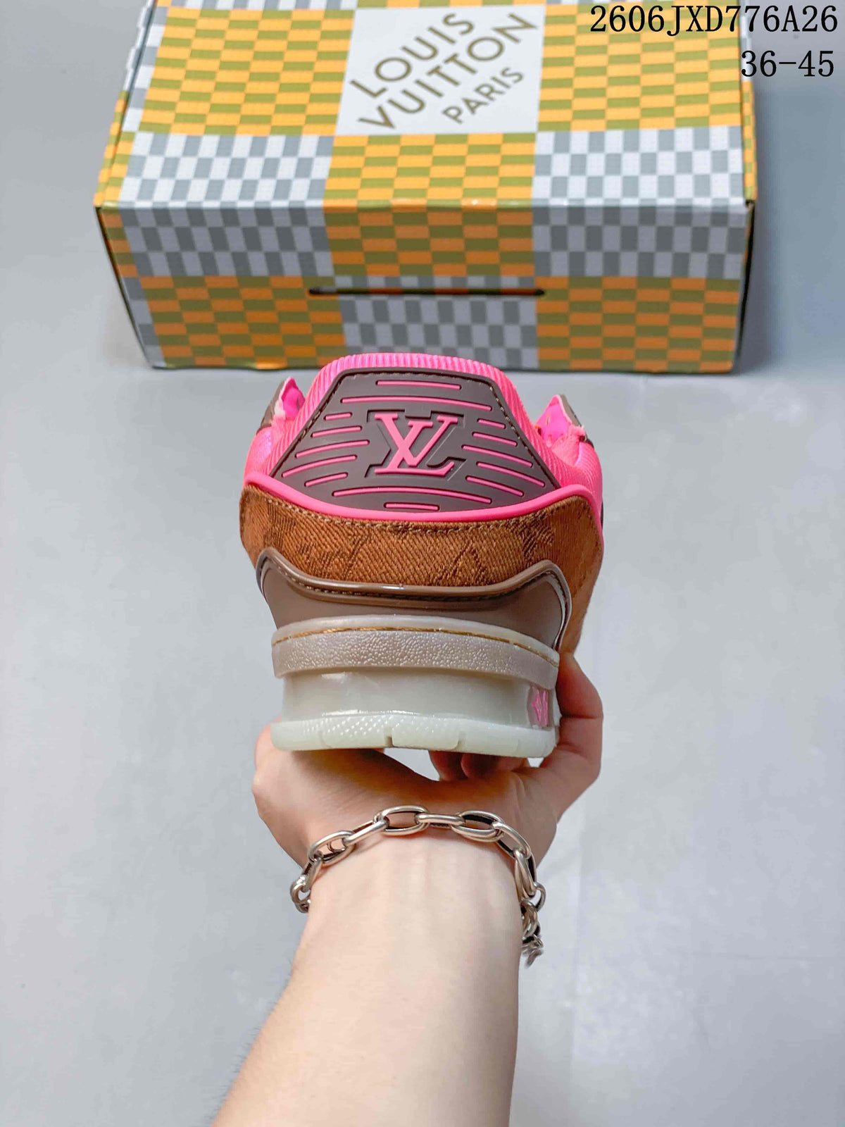 Rear view showing the layered heel and contrasting pink and brown details