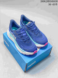 Blue HOKA Arahi 8 running shoes with aqua and pink accents on a blue shoe box
