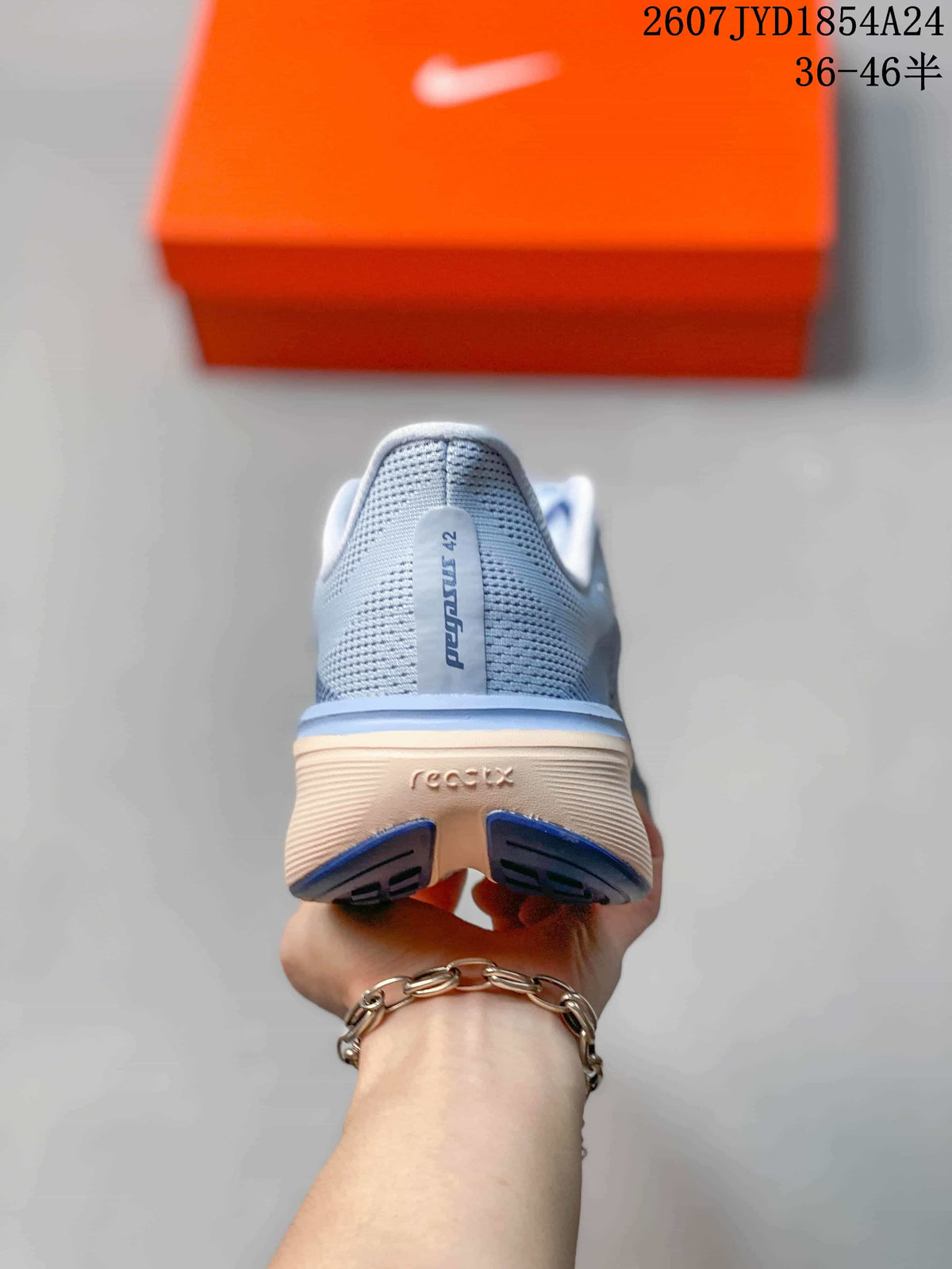 Rear view showing the Pegasus 42 heel marking and segmented outsole.