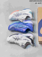 Three visible ASICS Swiftace colorways arranged beside an ASICS shoebox: white, blue, and white with dark accents.