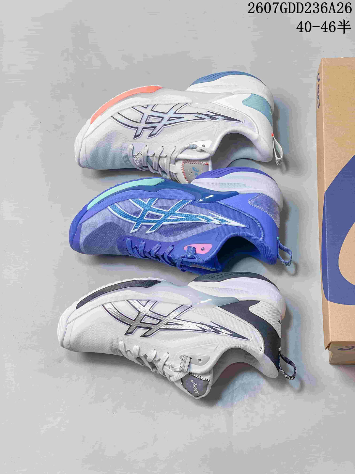 Three visible ASICS Swiftace colorways arranged beside an ASICS shoebox: white, blue, and white with dark accents.
