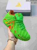 Bright green Nike Ja 3 basketball shoe with orange accents and textured outsole