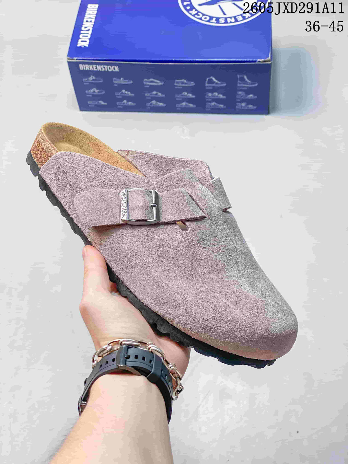 Suede-like closed-toe sandal with an adjustable buckle, shown in a muted mauve-gray color beside a Birkenstock-branded box.