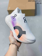 Angled side view of the white On shoe showing the laceless ribbed upper, black side detail, and purple and peach accents; image text shows 2607JXD1091A21 and 36–45.