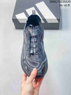 Top view of a gray trail running shoe with quick-lace style closure