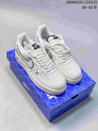 Pair of off-white Nike Air Force 1-style sneakers with skull graphics and a dark-outlined Swoosh, shown on a blue shoebox.
