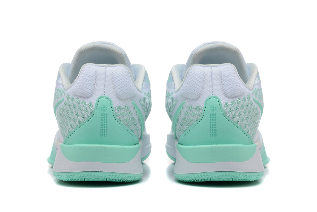 Rear view of white and mint-green Nike Sabrina basketball shoes