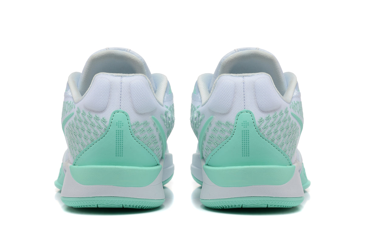 Rear view of white and mint-green Nike Sabrina basketball shoes