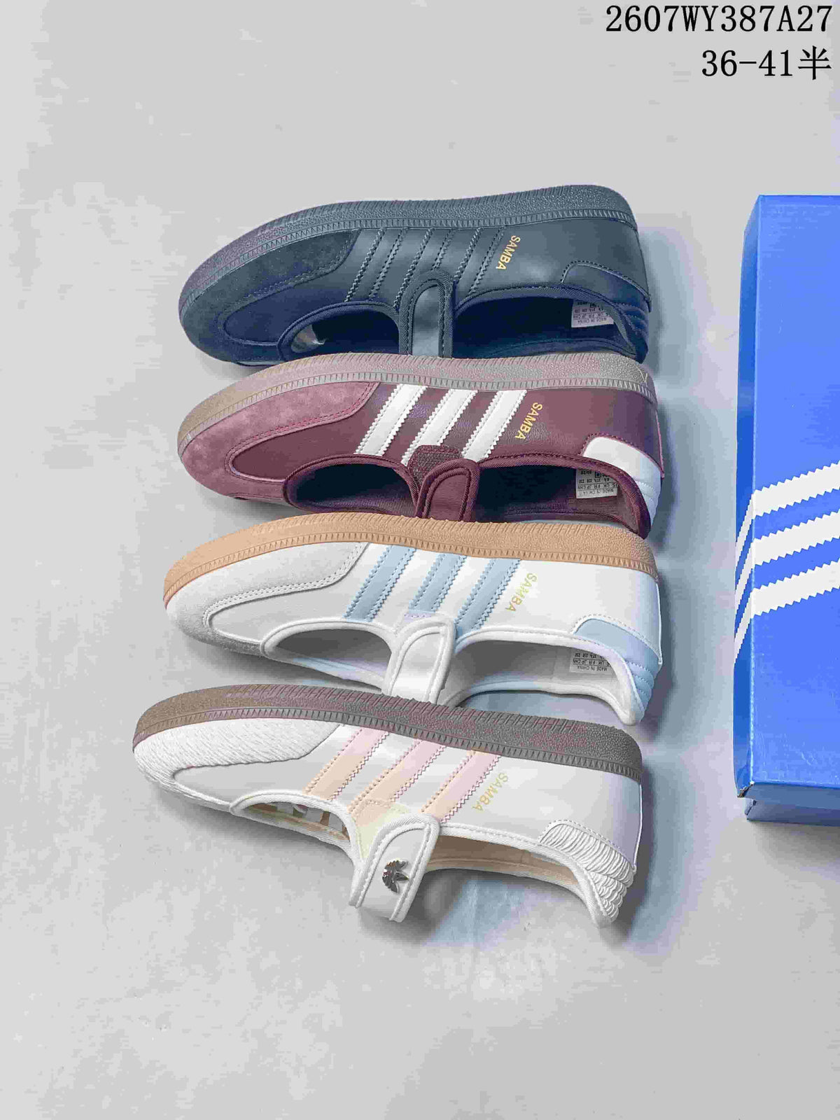 Four Samba Jane color options arranged together: black, burgundy, white with light blue, and white with pale pink detailing.