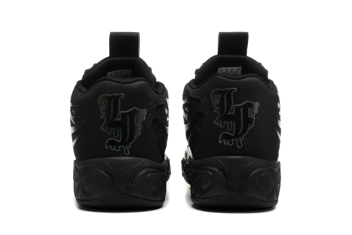 Rear view of the black PUMA LaMelo Ball MB.02 shoes.