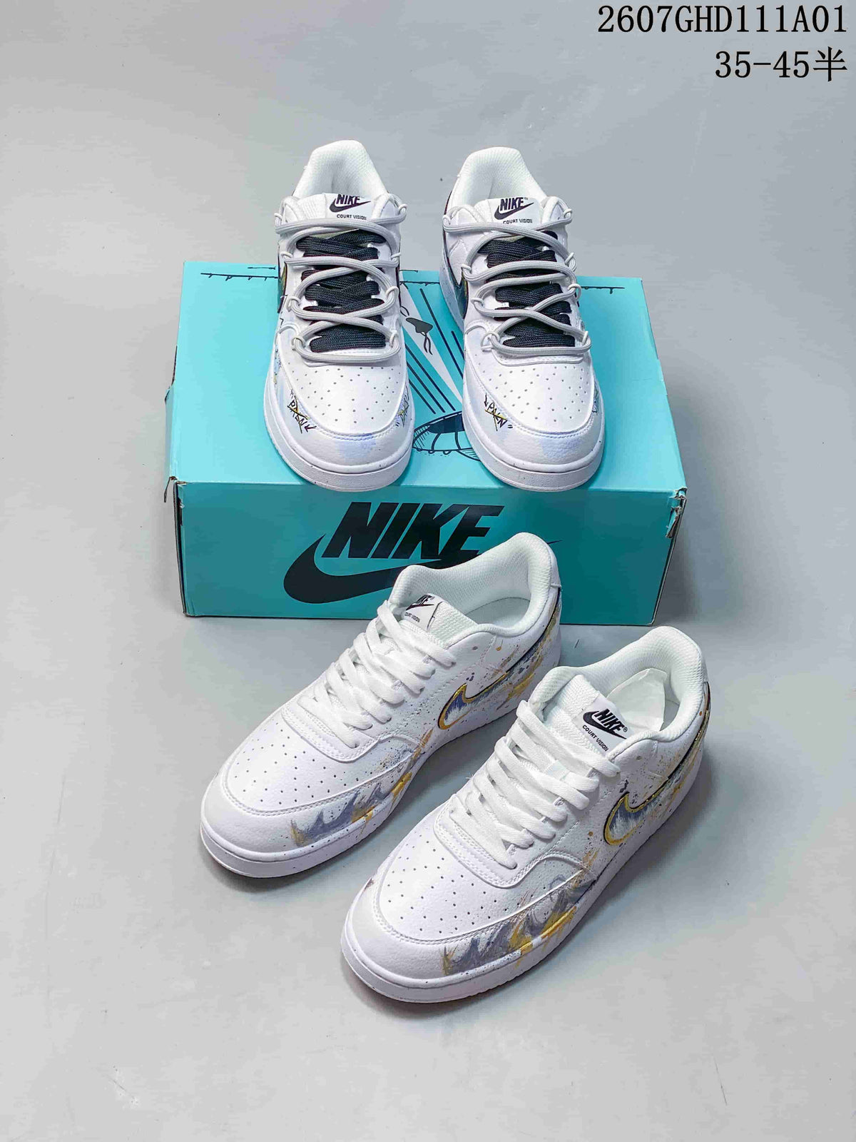 Two pictured pairs of white low-top sneakers with custom-style graphics and different lace arrangements