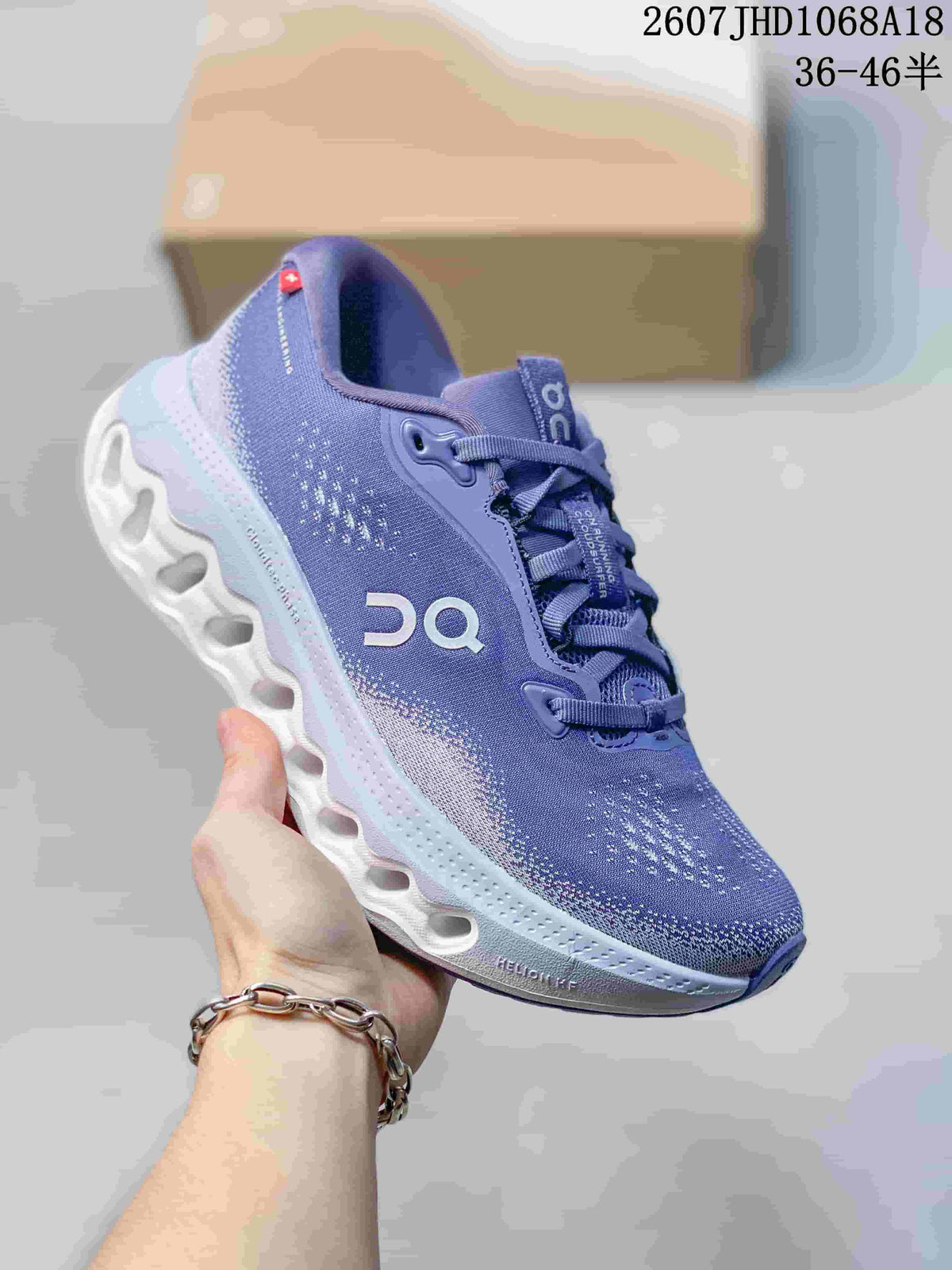 Purple On Cloudsurfer 3 sneaker with a pale blue-and-white sculpted outsole.