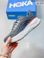 Side profile of a gray HOKA Bondi 9 running shoe with a white midsole