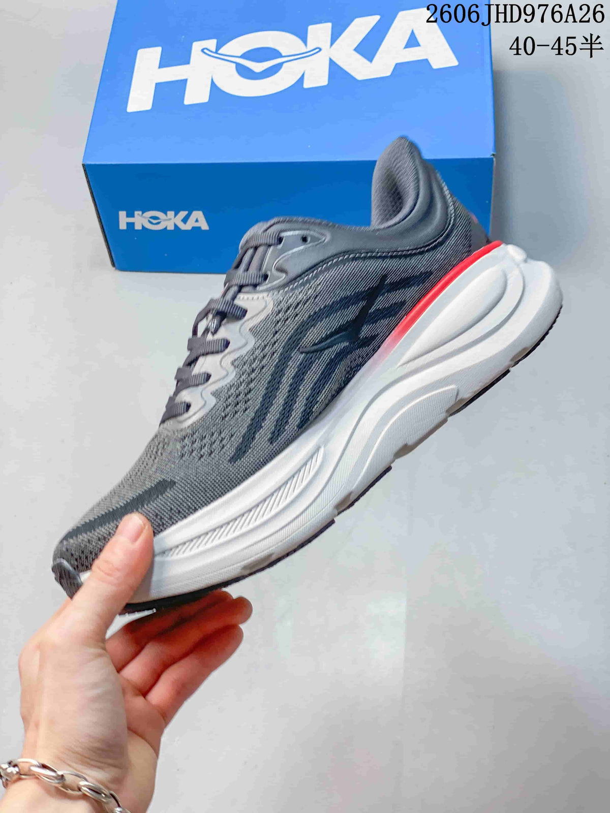 Side profile of a gray HOKA Bondi 9 running shoe with a white midsole