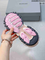 Underside of a Balenciaga Track 2 sneaker showing pink and dark outsole sections; an image overlay shows a 36–45 size range.