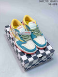 Pair of low-top sneakers in white, blue, red, and yellow displayed on a black-and-white checkered box; size range text and style code are visible above.