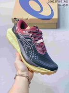Navy ASICS GEL-TRABUCO 13 trail shoe with burgundy and pale yellow accents