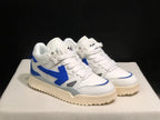 Three-quarter front view of the pair highlighting the white uppers, royal blue accents, perforated toes, and layered construction.