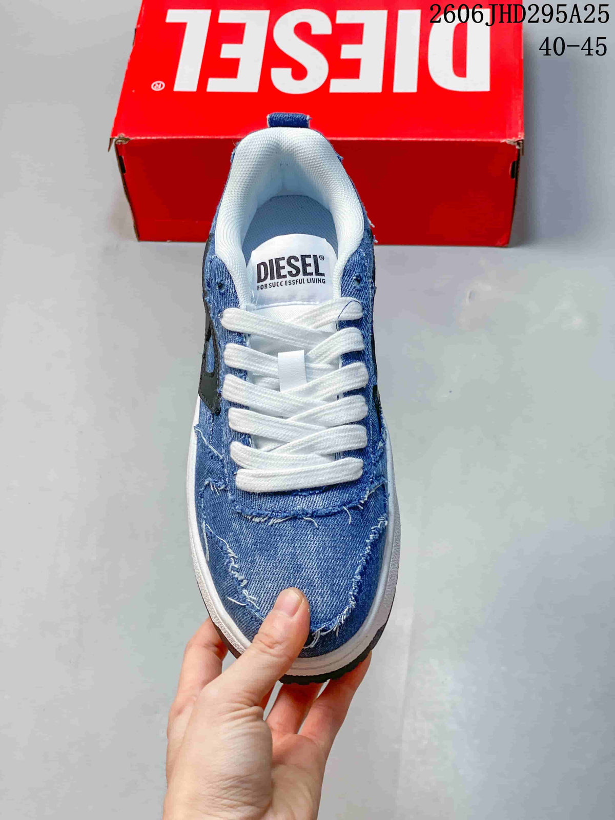 Top view of a blue denim-look lace-up sneaker with a branded tongue label.