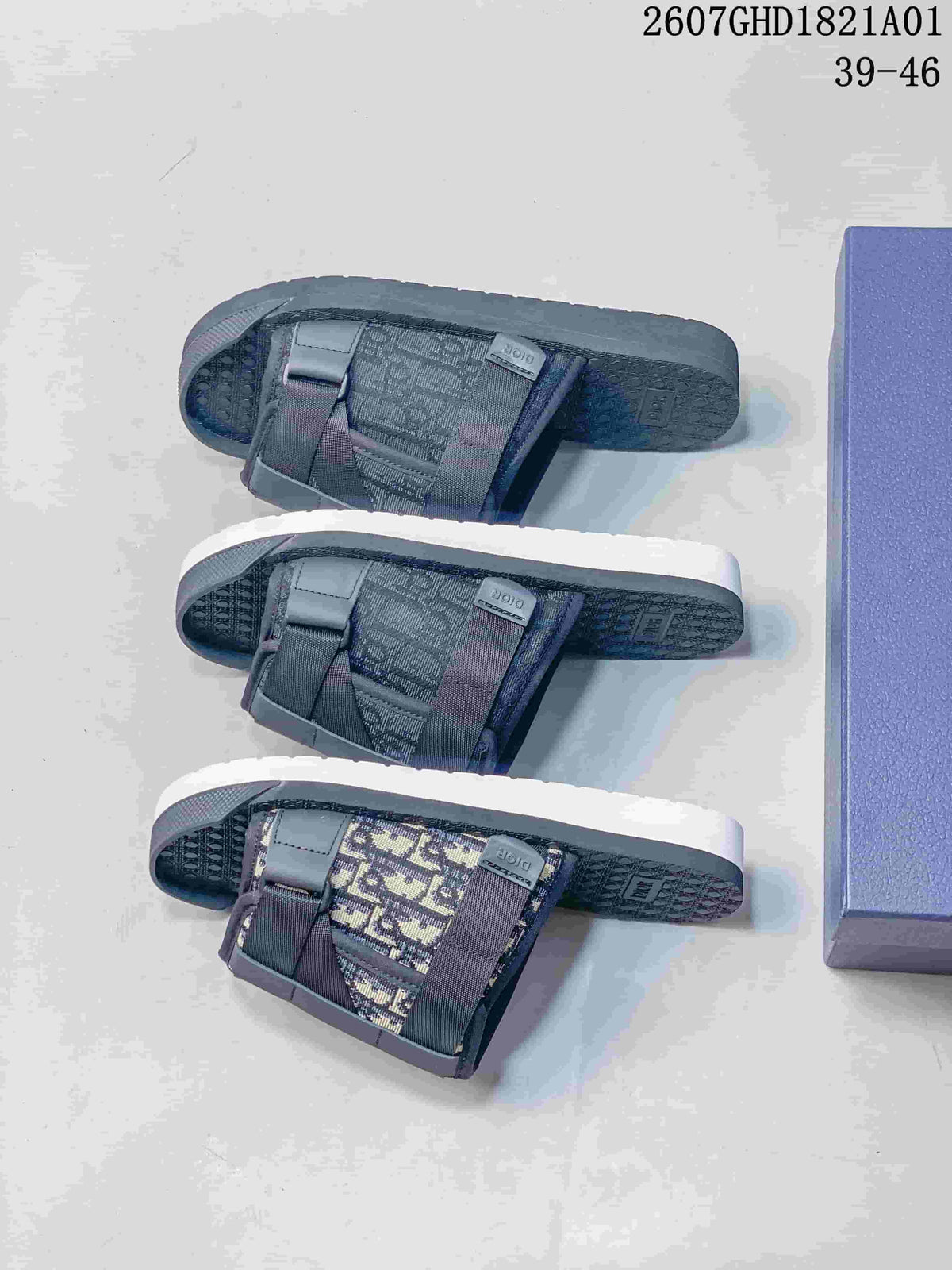 Three views of the sandal upper in different pattern appearances, with dark grey soles; image shows size range 39–46.