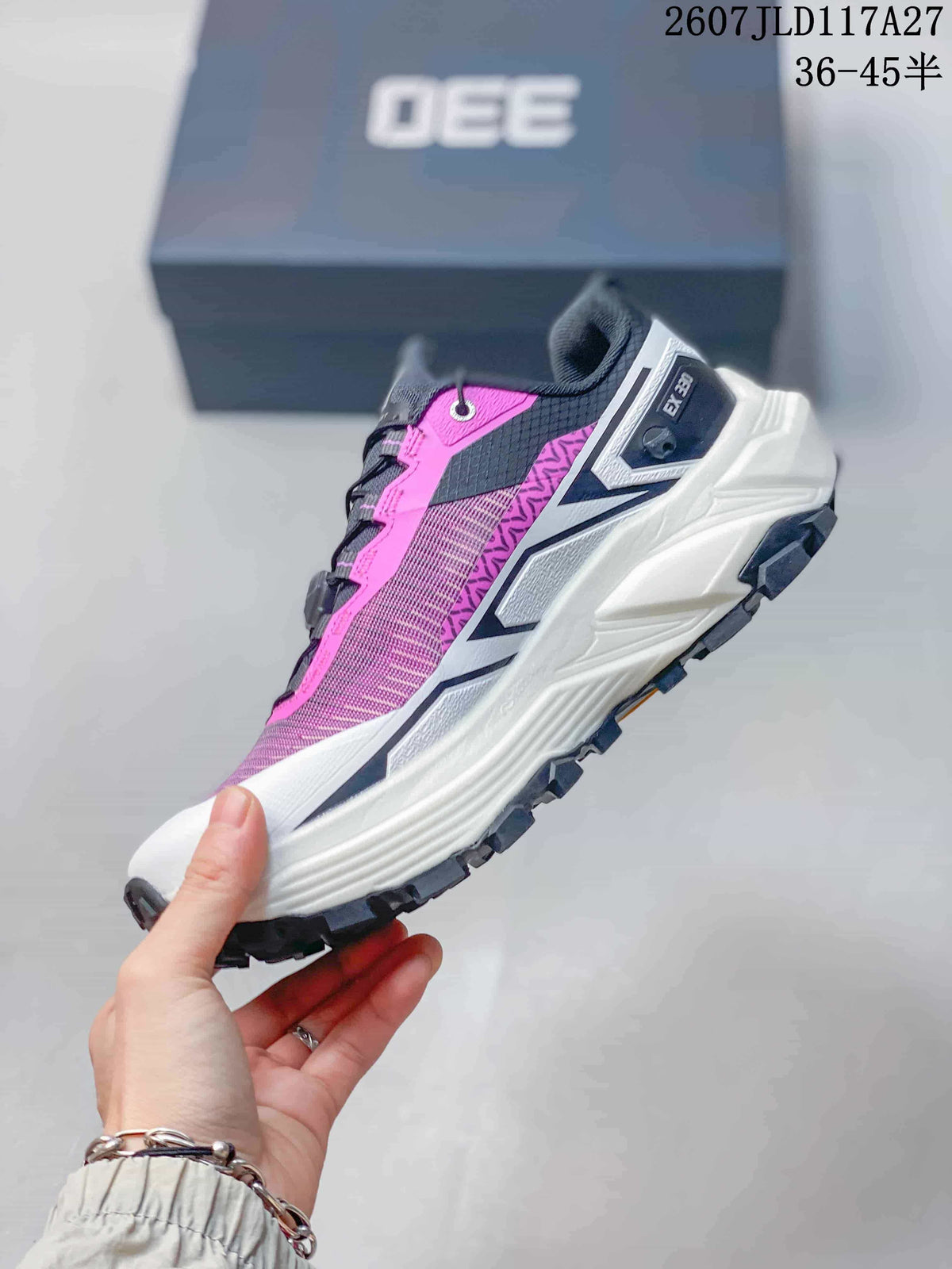 Side profile of the purple and black low-cut trail running shoe with a white midsole and dark lugged outsole; overlay text shows sizes 36–45.