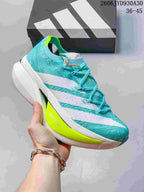 Turquoise adidas Adizero Prime X3 shoe with white side stripes and a neon yellow sole accent.