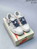 Pair of off-white low-top sneakers with dark laces displayed on a Nike shoebox; image text shows style code 2607VD1607A17 and size range 36-45.