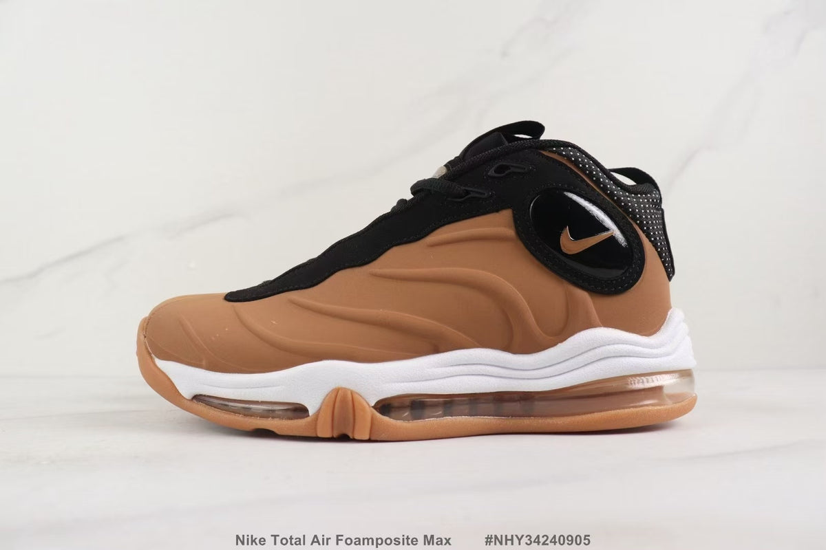 Side view of a brown Nike Total Air Foamposite Max sneaker with black details and a visible air unit
