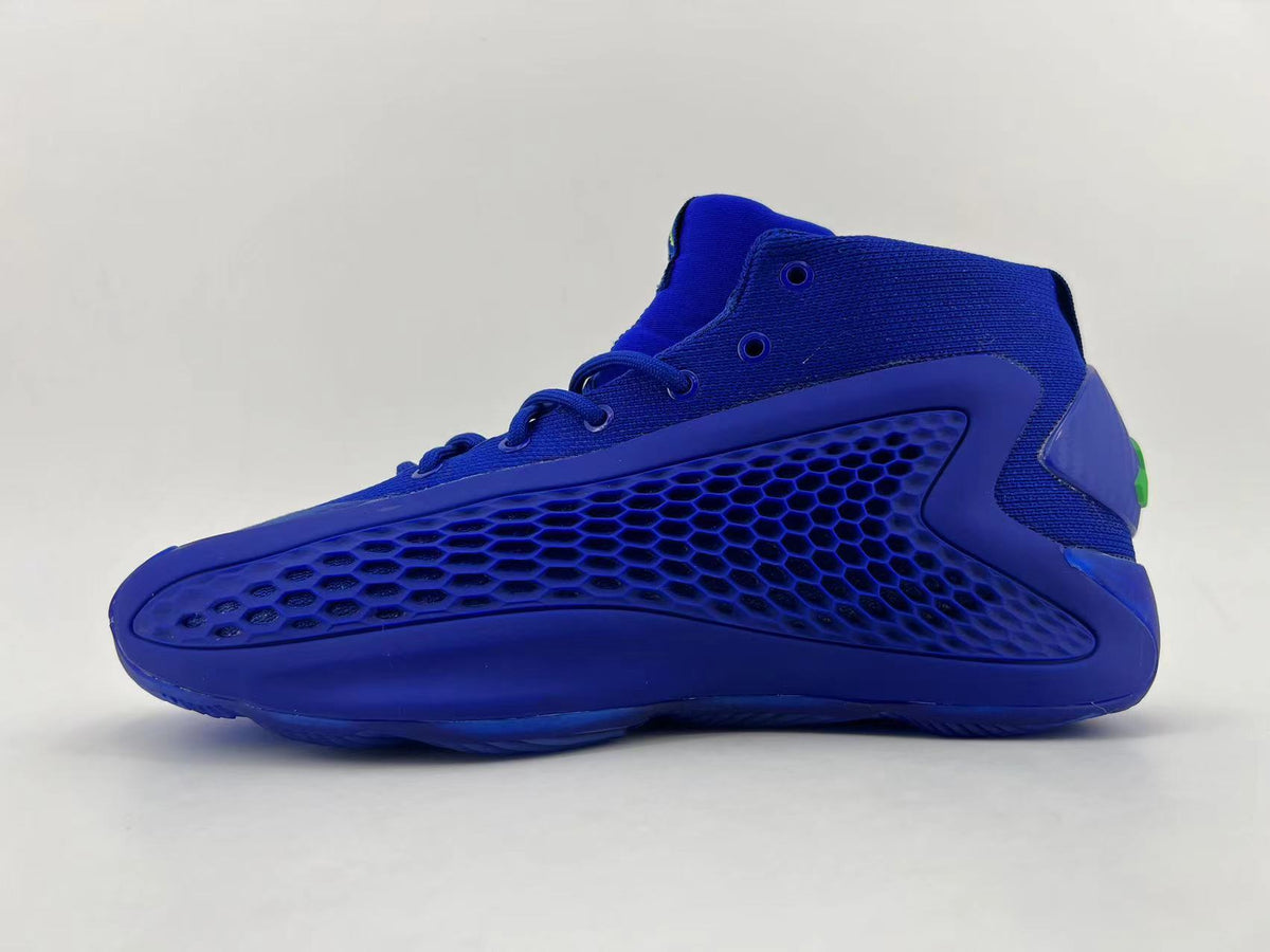 Side view of blue high-top lace-up sneakers with textured panels and green heel accents.
