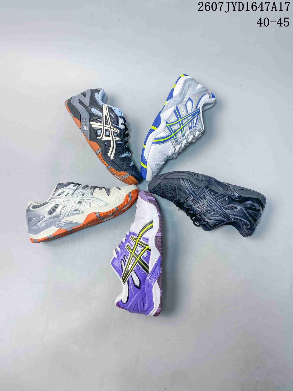 Five visible ASICS GEL-Resolution 5 tennis shoes displayed together in white, gray, black, purple, and blue colorways; image text shows style code 2607JYD1647A17 and size range 40–45.