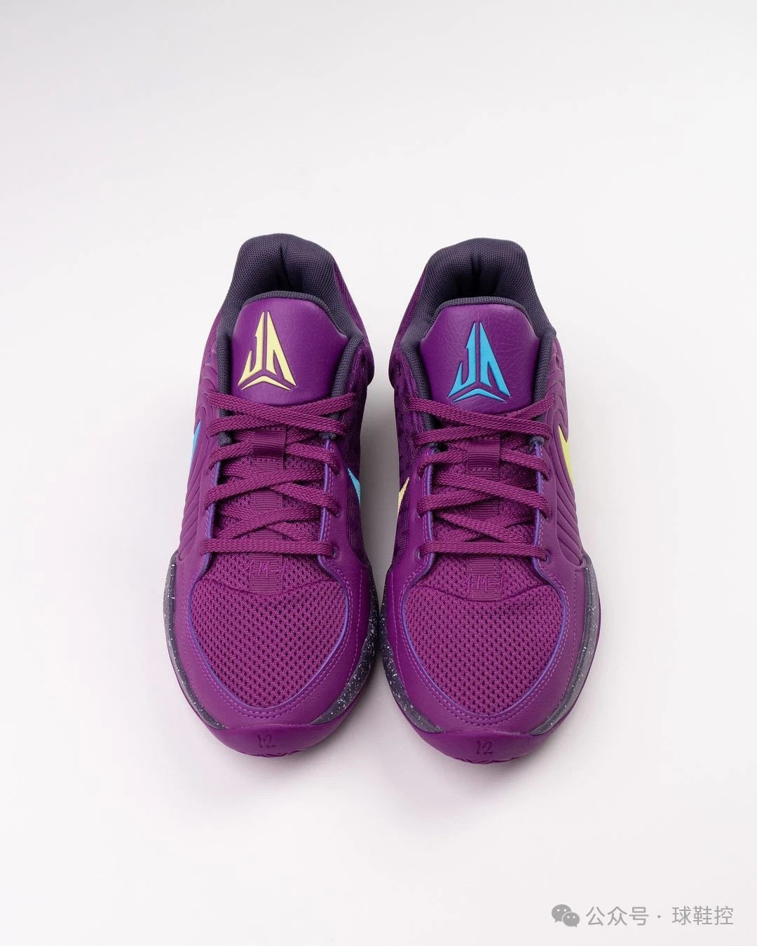 Pair of purple Nike Ja 1 shoes viewed from the front, showing contrasting tongue logos