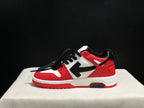 Lateral side profile showing the low-top silhouette, black arrow panel, red overlays, and white midsole.