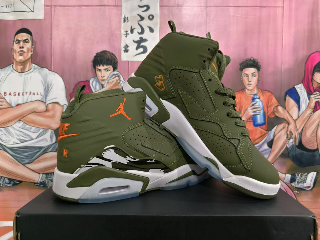 Pair of olive green Jordan high-top sneakers showing perforated side panels and orange branding
