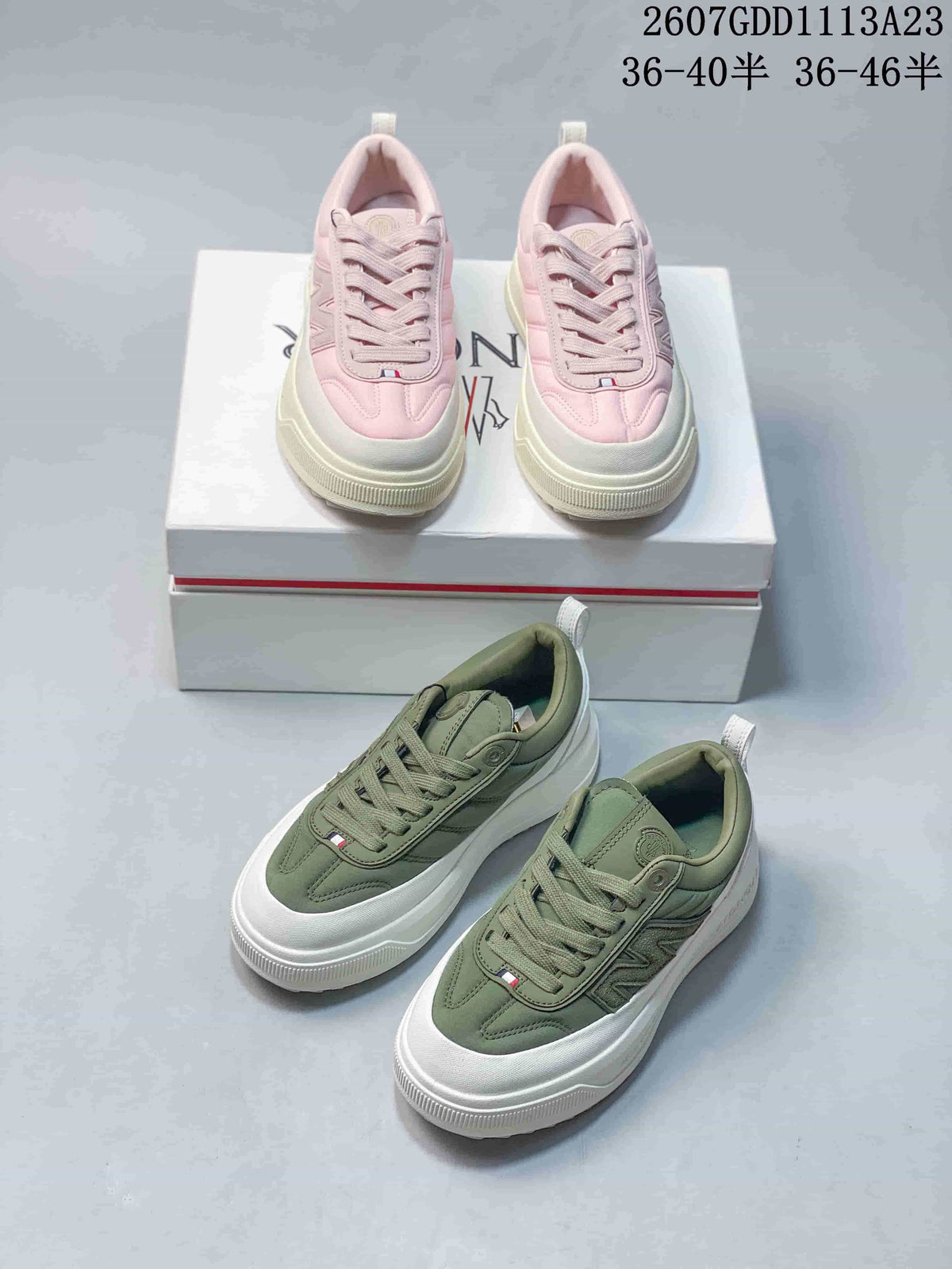 Pink and muted green pairs of Moncler Pacey sneakers shown together with their shoebox; size-range text is overlaid near the top.