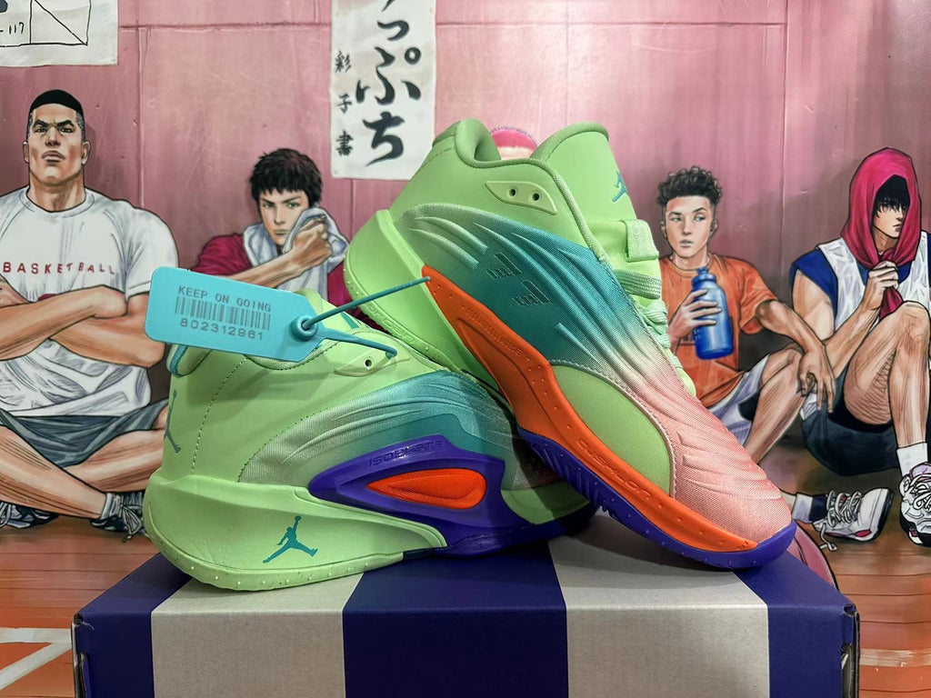 Angled view of multicolor Jordan basketball shoes with a sculpted side and outsole