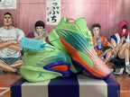 Angled view of multicolor Jordan basketball shoes with a sculpted side and outsole