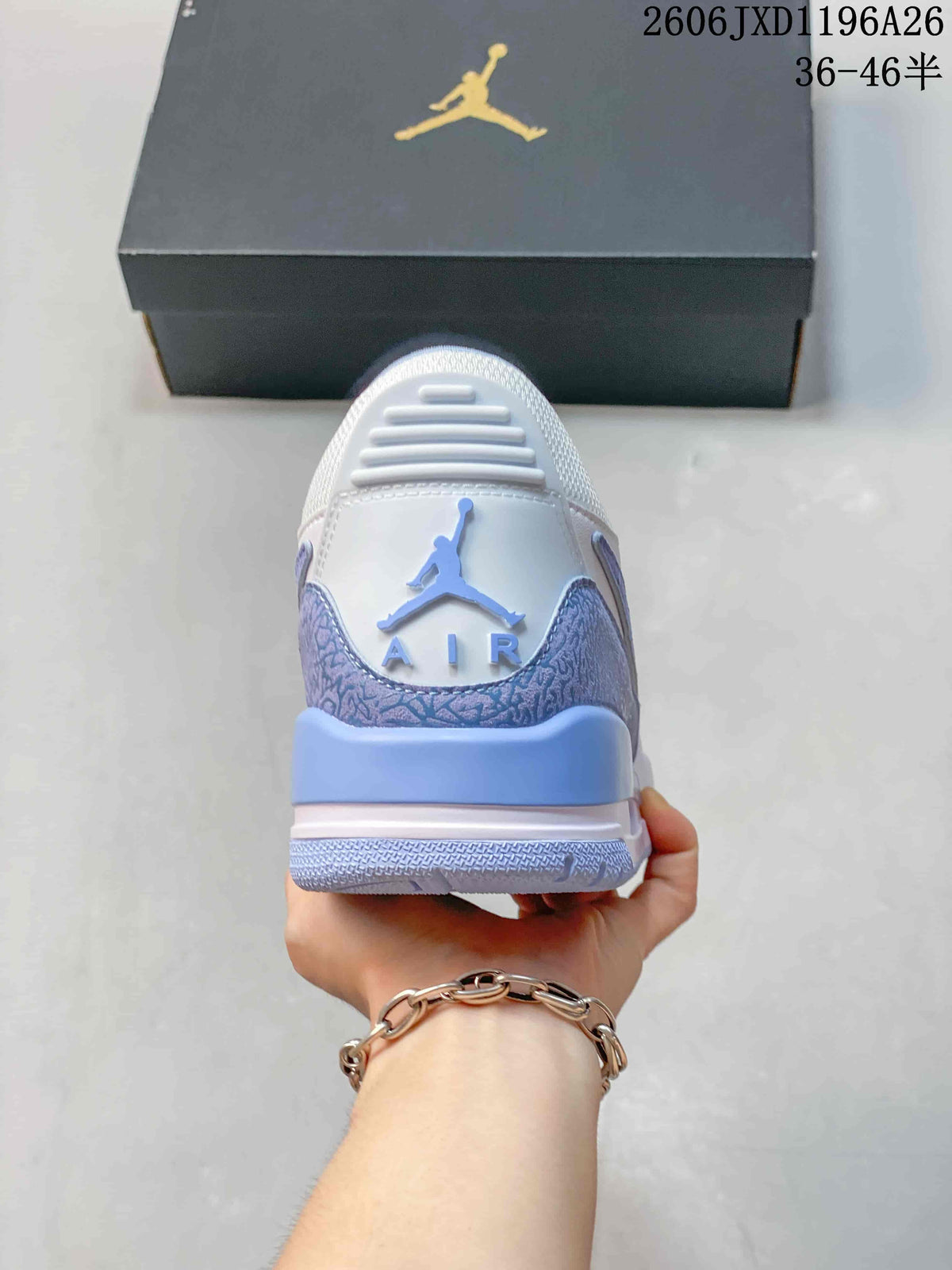 Heel view showing the Air Jordan branding and blue patterned overlays
